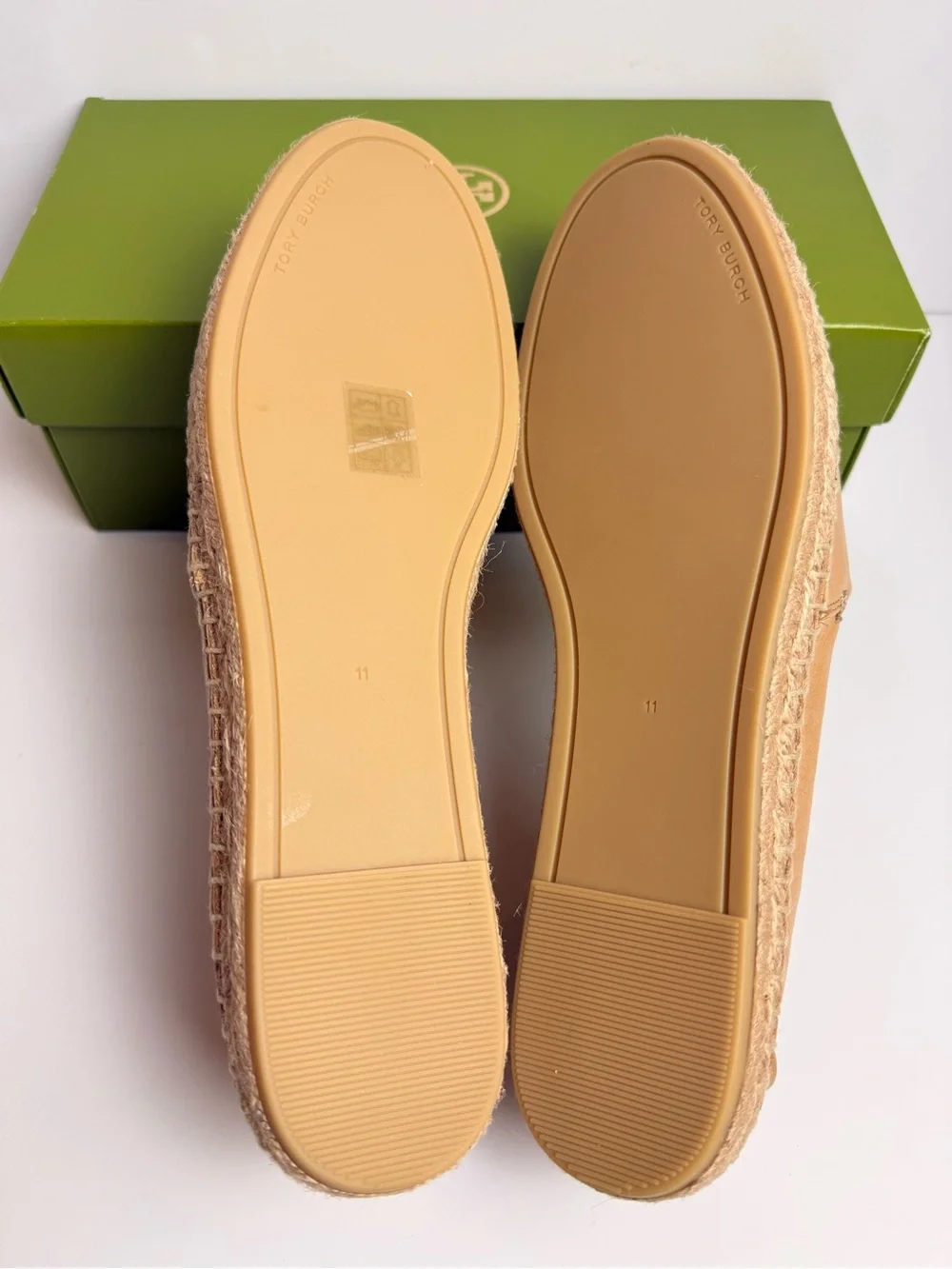 Tory Burch Cut-Out Logo Leather Espadrille Flats Ginger Shortbread US 11